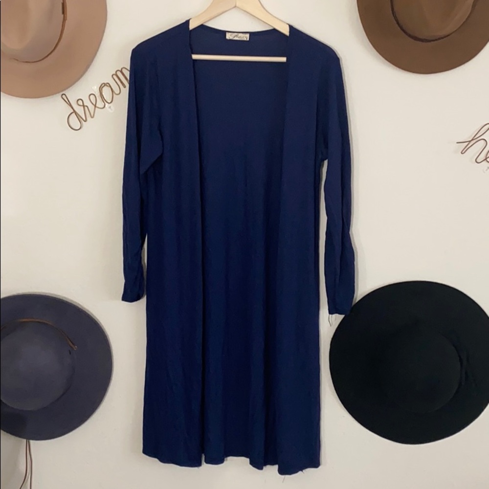 Blue sheer 3/4 sleeve duster w/side slits
